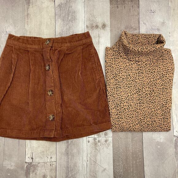 Gap Girls Brown Corduroy Skirt & Animal Print Ribbed Turtleneck Top Lot Size M - Picture 1 of 15
